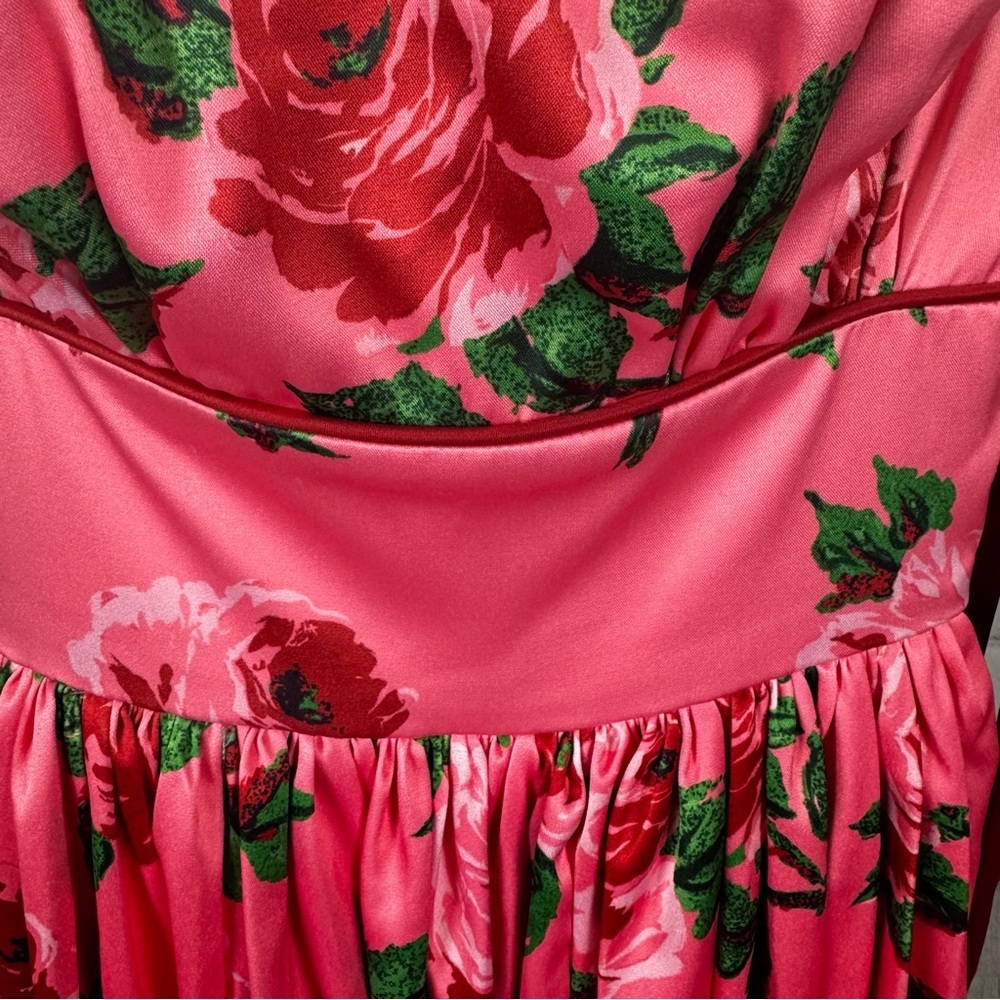 Vixen by Micheline Pitt Pink Floral Fit-and-Flare Dress with Red Straps - Picture 3 of 10